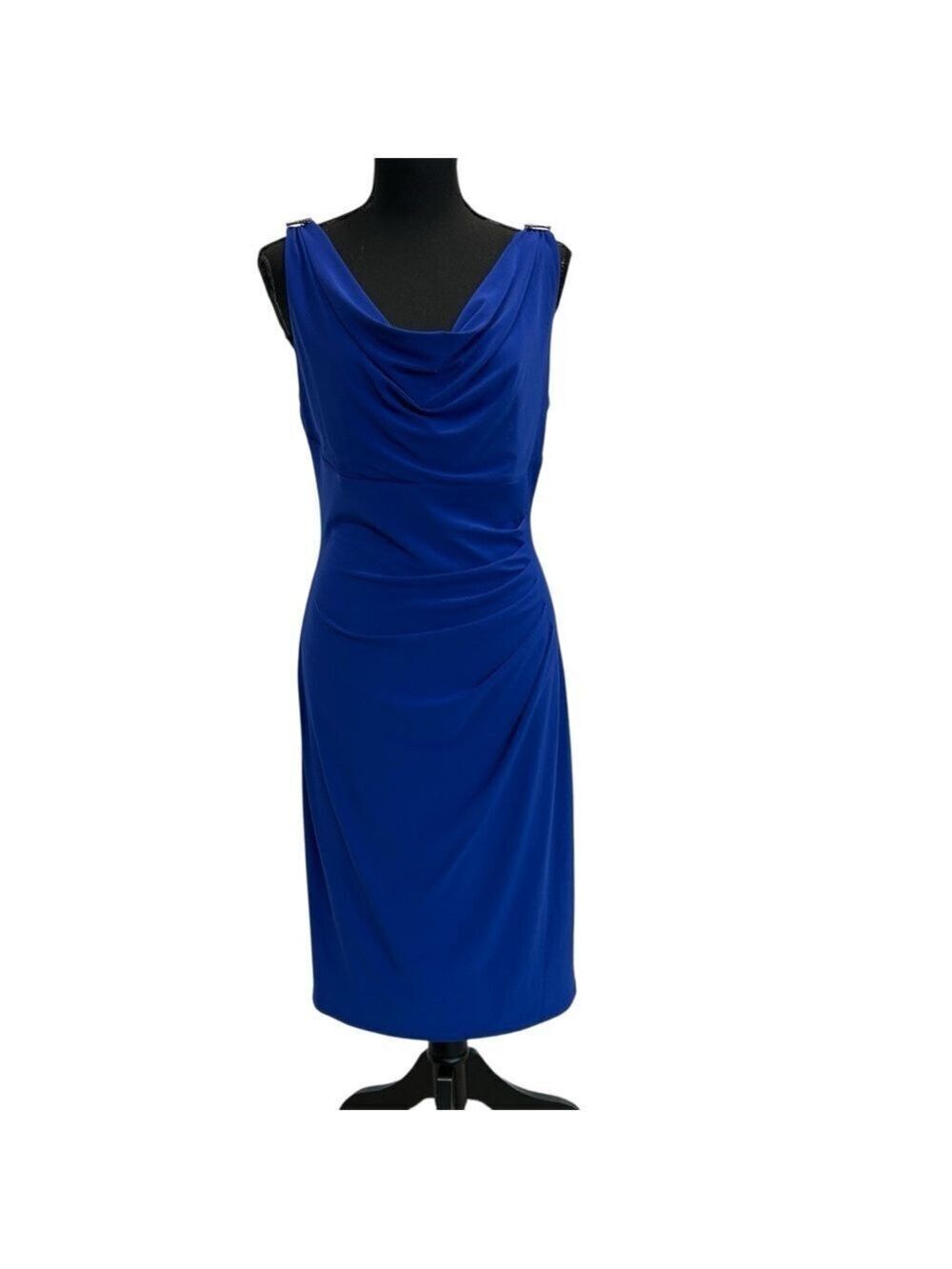 Lauren Ralph Lauren royal blue jersey cowl neck ruched bodycon cocktail dress 10